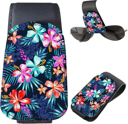 Sunglasses Holder for Car Visor, PU Leather Glasses Clip Organizer, Cute Magnetic Eyeglass Holder for Vehicle Sun Visor, Car Interior Accessory for Women & Men Tropical Neon Flowers by Unknown