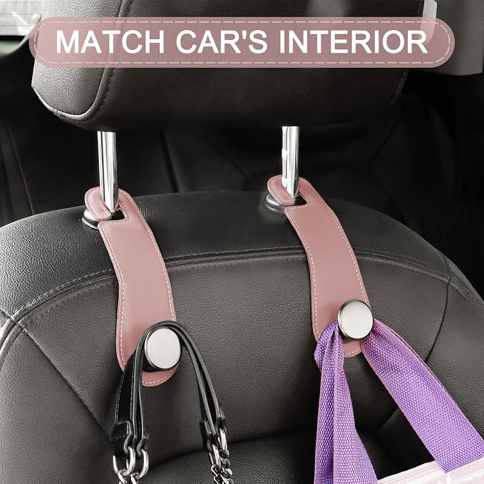 2 Pack Car Headrest Hooks Leather & Alloy Car Seat Storage Hangers, Pink | 44lb Heavy Duty Stylish Car Seat Organizer Hooks for Purses Bags, Coat, Umbrellas, Water Bottle, Car Inside Accessories - Image 6