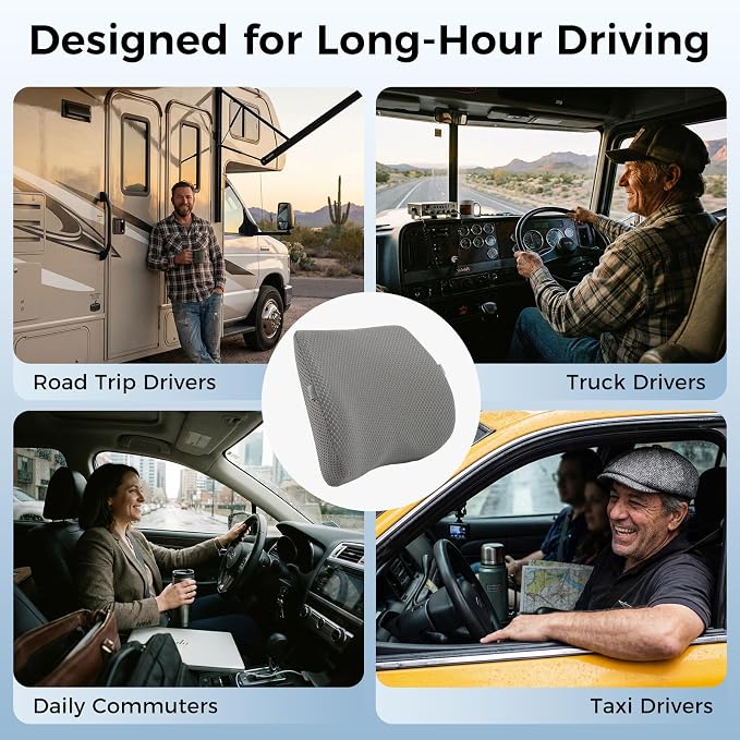 Lumbar Support Pillow for Car & Office Chair - High-Density Memory Foam Back Cushion for Sciatica & Lower Back Pain Relief - Non-Slip Support for Long Commutes & Desk Workers (3D Mesh Gray) - Image 7
