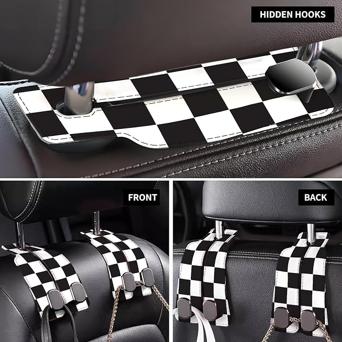 Car Seat Back Storage Headrest Hook, Premium Leather Double Metal Hook, Hanger Storage Organizer for Purse Cloth Bag, Car Interior Accessories Black White Plaid - Image 4