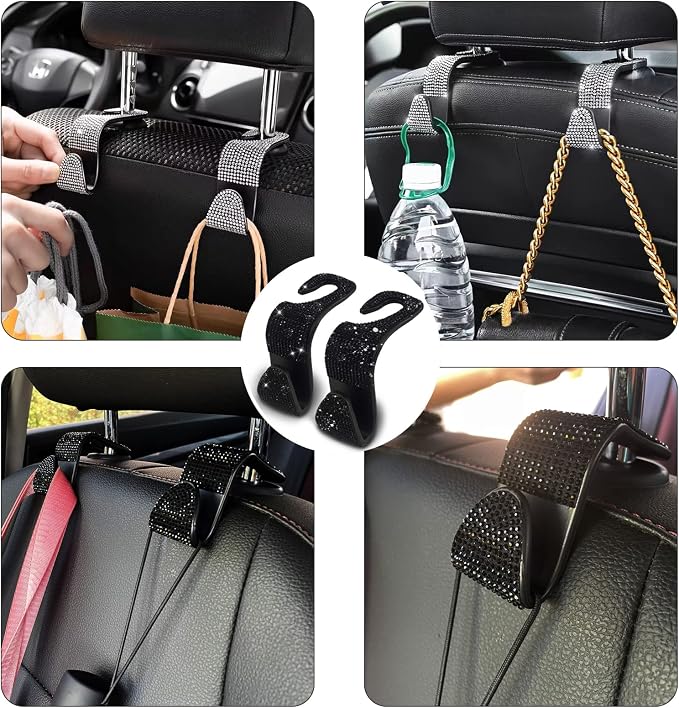 OSIFIT 2PCS Car Seat Hooks - Bling Rhinestone Headrest Hooks with Universal Design - Perfect for Holding Handbags, Clothes, Purses, and Water Bottles - Black - Image 5