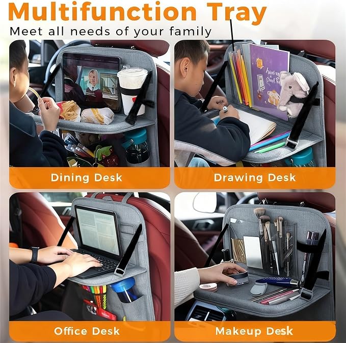 Backseat Car Organizer with Tray, 9 Storage Pockets Back Seat Protector with Foldable Tablet Holder, Waterproof Back of Seat Kick Mats for Kids Adult, Travel Accessories, Gray - Image 4