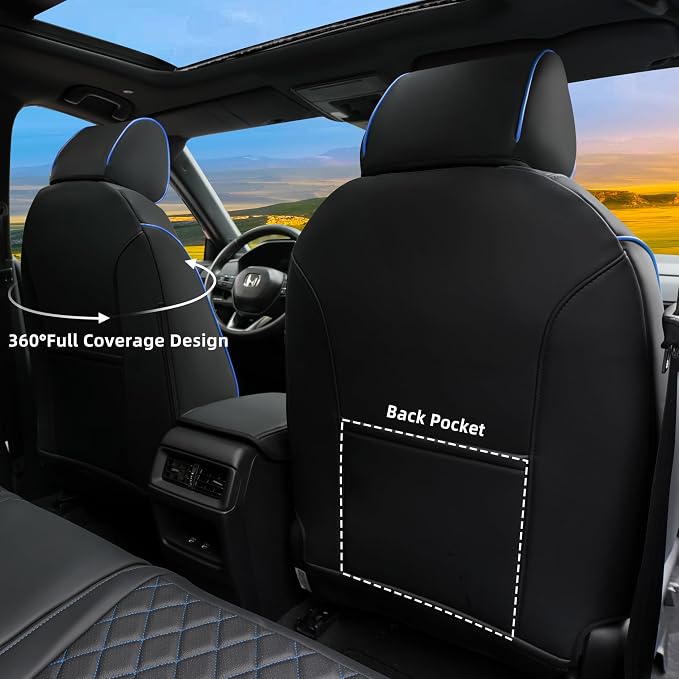 Lolcar CRV Seat Covers Custom Fit for Honda CRV 2023 2024 2025 2026 Leather Car Seat Cover Full Set for Trucks SUV,Waterproof Car Seat Cushion,Faux Leather (Black Blue Grid) - Image 3