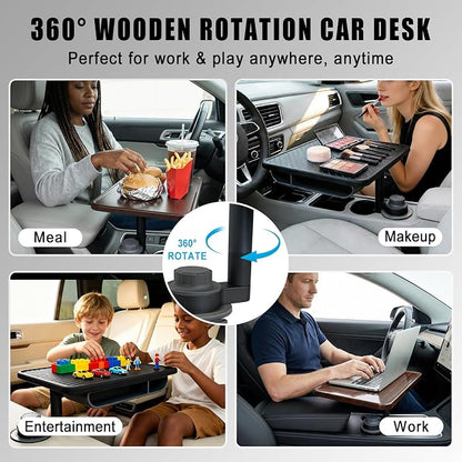 Car Desk for Laptop, Rotating Car Table Tray for Cup Holder | 360° rotating wood car tray, adjustable height with extension rod, fits 2.75-3.93 in round cup holders, desk mat and pouch - Image 4