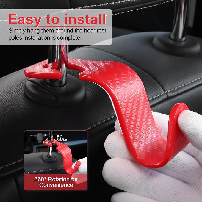 LivTee Car Purse Hook, Headrest Hook for Car, 4 Pack Universal Auto Car Seat Headrest Hook Hangers Organizer for Purse Coat Umbrellas Grocery Bags Handbag, Car Accessories - Carbon Fiber Red - Image 4