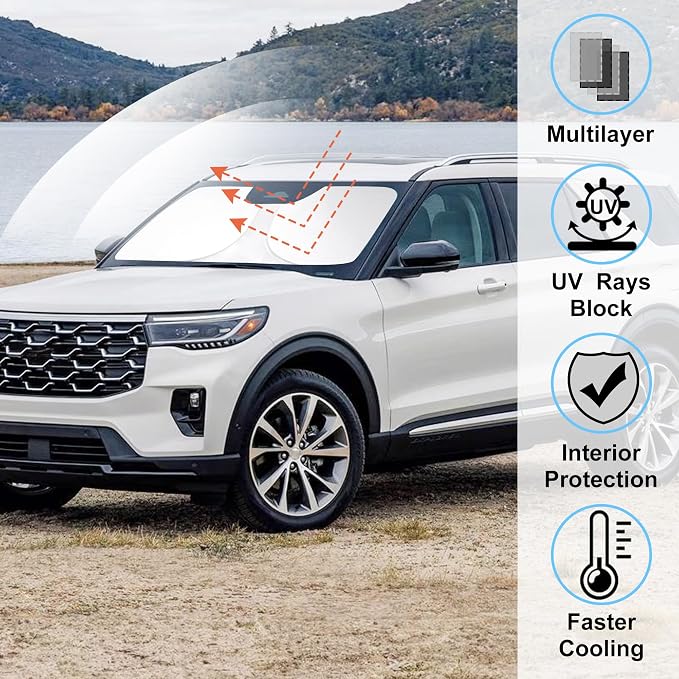 Windshield Sun Shade for 2011-2019 Ford Explorer Accessories | Full covered for windshield, Foldable & Durable, Block UV Rays, Reduce Heat, Easy to install, Keep Car Cooler - Image 2