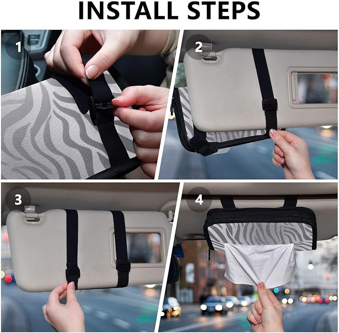 Car Tissue Holder Car Napkin Holder Car Tissue Box Dispenser Storage Case Sun Visor Mask Holder with Adjustable Straps Reusable Refillable Light Silvery Zebra Print - Image 5