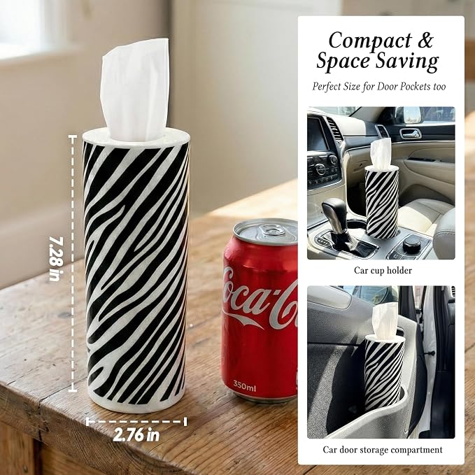Car Tissues Cylinder for Cup Holder - Refillable Round Tissues Canister with 2 Packs Tissue - Wild Safari Car Interior Decor Accessories for Women & Men - Fits Standard Cars Cup Holders (Zebra Print) - Image 6