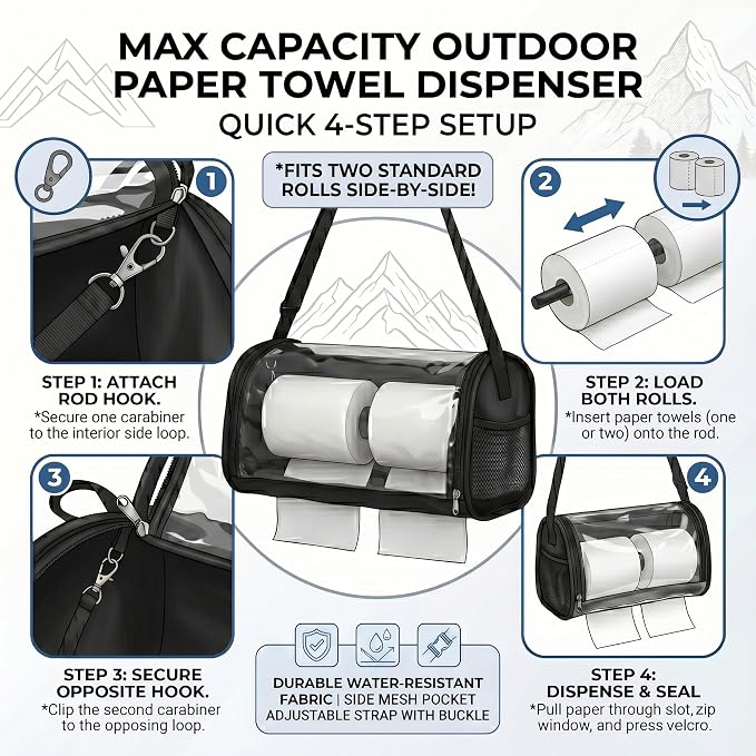 Hanging Portable Paper Towel Holder: Water-Repellent Toilet Paper Holder | Enclosed Cat Proof No-Drill Wall Mount Tissue Dispenser for RV, Car, Camping, Travel, Overlanding Bathroom & Outdoor Use - Image 3
