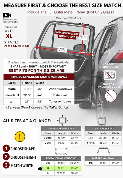XL/Car Side Window Shades for SUV. 8 Sizes/2 Pack. Stretch-to-Fit Mesh for Rear Windows Up to H:20" x W:46". Sun, Heat & Bugs Protection, Blocks 96% UVA. Camping Windows Screens | Qualizzi® - Image 5