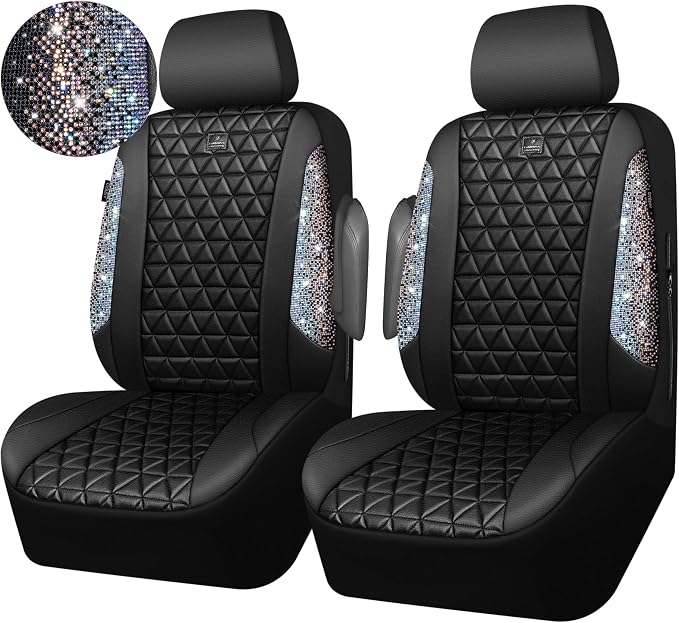 CAR PASS Bling Diamond Leather Car Seat Covers for 2 Front Interior Sets, Waterproof Shining Glitter Sparkly Crystal Universal Armrest Automotive Truck SUV Cute Women Girl, Black Multicolor Rhinestone - Image 8