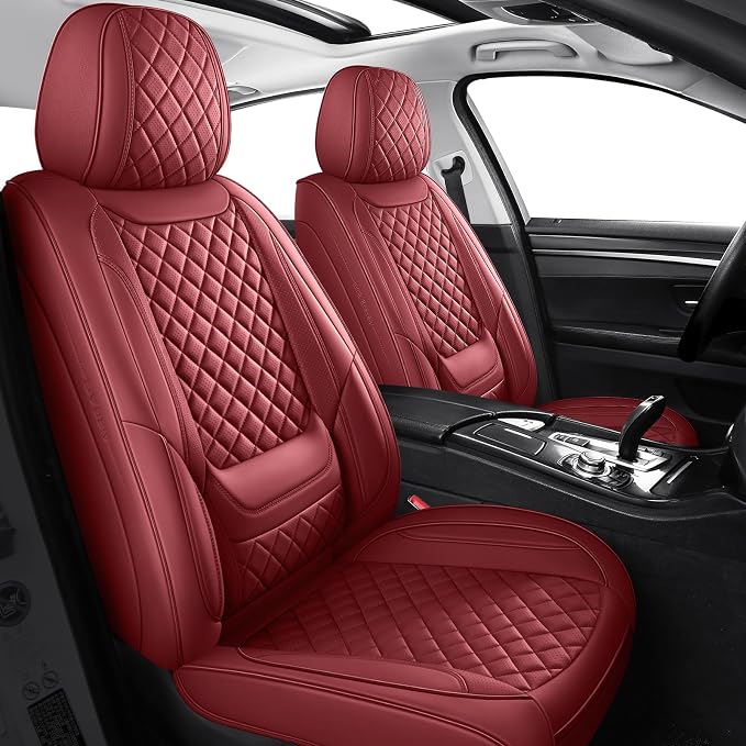 Leather Front Car Seat Covers Automotive Seat Protectors | Breathable Waterproof Durable Full Surround & Lumbar Support Design Non-Slip Universal Fit for Most Cars SUVs Trucks Vans Red - Image 2