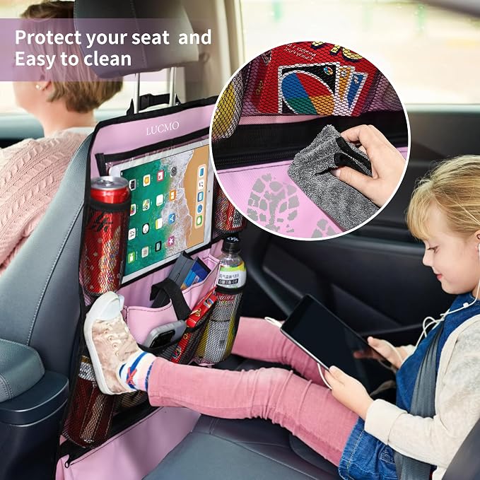 LUCMO Car Backseat Organizer with Touch Screen Tablet Holder, Pink | 2 Pcs,9 Storage Pockets,Clear Tablet Holder,Protectors Kick Mats,Travel Accessories,Seat Cover,Road Trip Essentials - Image 4