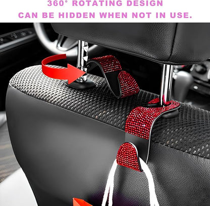 4 PCS Bling Car Seat Headrest Hooks, Rhinestone Vehicle Backseat Storage Hanger Backpack Hook, Sparkly Multi-Functional Headrest Purse Holder for Car Truck SUV RV (Red) - Image 4