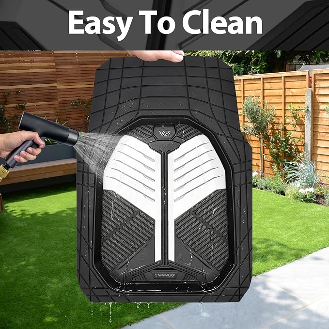 CAR PASS Heavy Duty Rubber Car Mats, Deep-Dish Car Floor Mats All Weather, Universal Two-Tone Trim-to-Fit for SUVs Trucks Sedans, Waterproof Anti-Slip, 3 Pieces V12 Black and White - Image 6