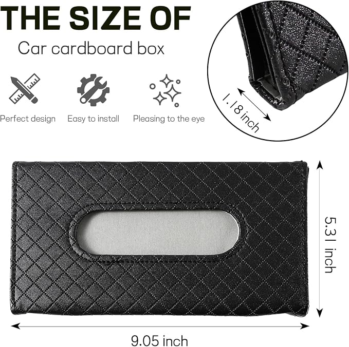 Car Tissue Holder, PU Leather Sun Visor Tissue Box (Plaid-Black) | Wear-Resistant & Waterproof, Napkin & Mask Dispenser, Metal Memory Clips, Easy Refill, Fits Most Vehicles - Image 2