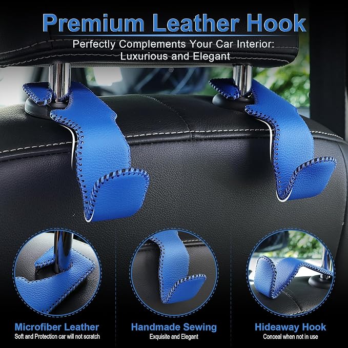 LivTee Blue Superior Leather Car Seat Back Headrest Hook, Auto Seat Hook Hangers Interior Accessories for Purse Coats Umbrellas Grocery Bags Handbag, 2-Pack - Image 2