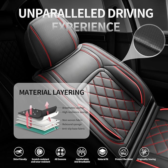 Fit Tundra Premium Leather Car Seat Covers for Toyota Tundra 2007-2025 2026 - Waterproof，Breathable，All-Weather Seat Cushion Protecto & Airbag Compatible, 2 Front Seat Red Line Black - Image 2