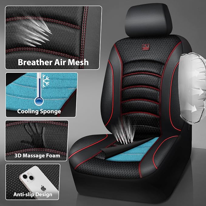 CAR PASS Comfortable 3D Foam Mesh Leather Car Seat Covers Front, Air Cool Mesh Breathable Front Seat Covers for Car, Universal Fit for SUV Truck Sedan Automotive, Airbag Compatible,Black Red - Image 3