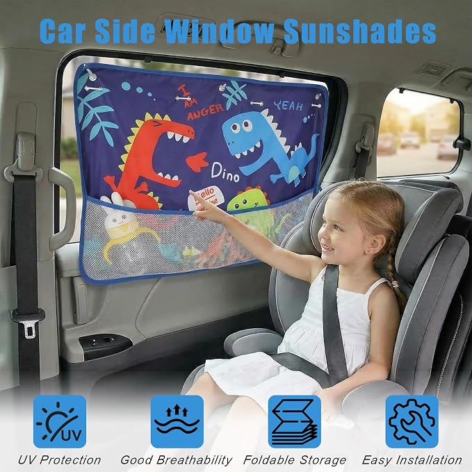 Car Window Shade for Baby, Car Sun Shade Curtain with Storage Pockets & Suction Cups, Cartoon Sun Blocker Blind for Side Windows, Blocks Heat, Privacy Cover for SUV Sedan (Cute Dino Pals) - Image 3