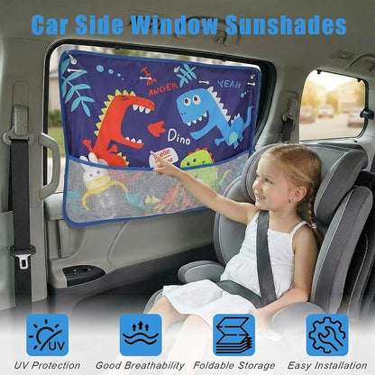 Car Window Shade for Baby, Car Sun Shade Curtain with Storage Pockets & Suction Cups, Cartoon Sun Blocker Blind for Side Windows, Blocks Heat, Privacy Cover for SUV Sedan (Cute Dino Pals) - Image 3