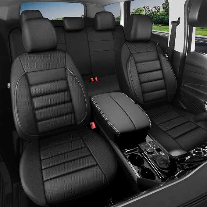 CAR PASS Leather Seat Covers Full Set Universal Water Resistant 3D Foam Back Support, Luxury Comfort Automotive 5 Seat Covers All Season Fit for SUV,Sedan,Van, Airbag Compatible Elegance(Pure Black) - Image 9