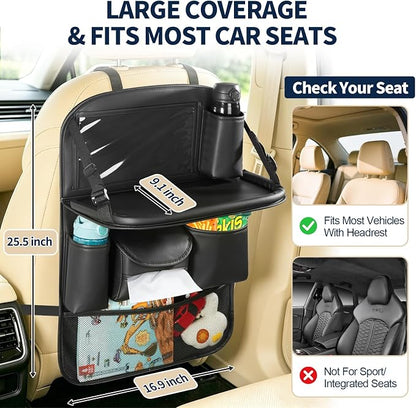 Backseat Car Organizer with Foldable Tray Table (1 Pack) | Premium PU Leather Seat Back Organizer with Tablet Holder, Large Pockets, Kick Mat for Family Travel and Daily Use - Image 6