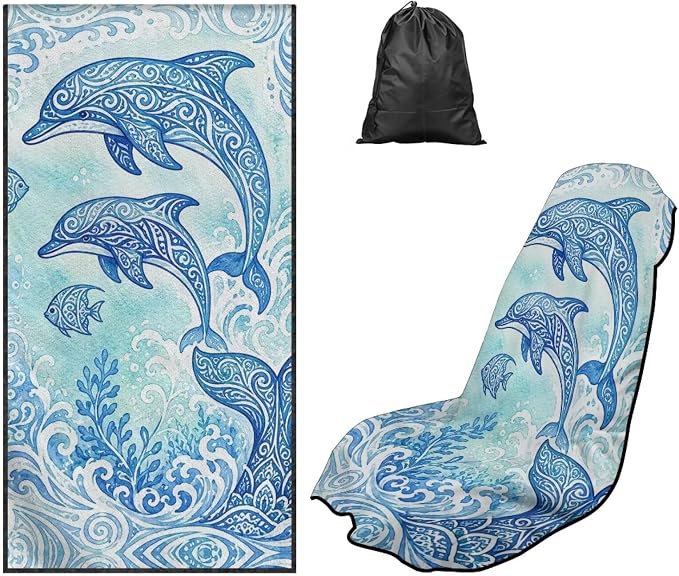 Dolphin Print Car Seat Towel Covers Front Seats Polynesian Style Automotive Seat Covers with Storage Bag Multi-Purpose Absorbent Microfiber Towels, Blue by Baxinh