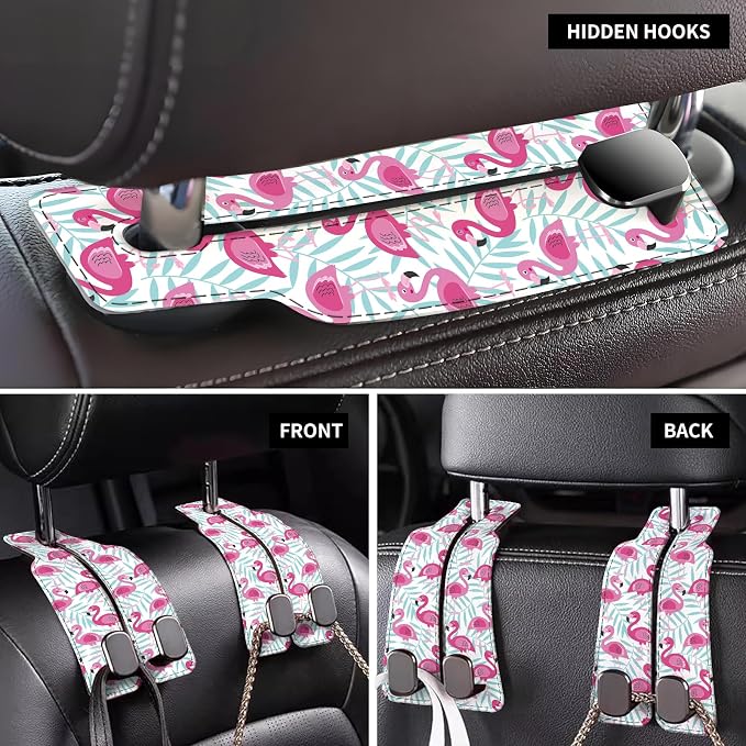 Car Seat Back Storage Headrest Hook, Premium Leather Double Metal Hook, Hanger Storage Organizer for Purse Cloth Bag, Car Interior Accessories Pink Cute Flamingo - Image 4