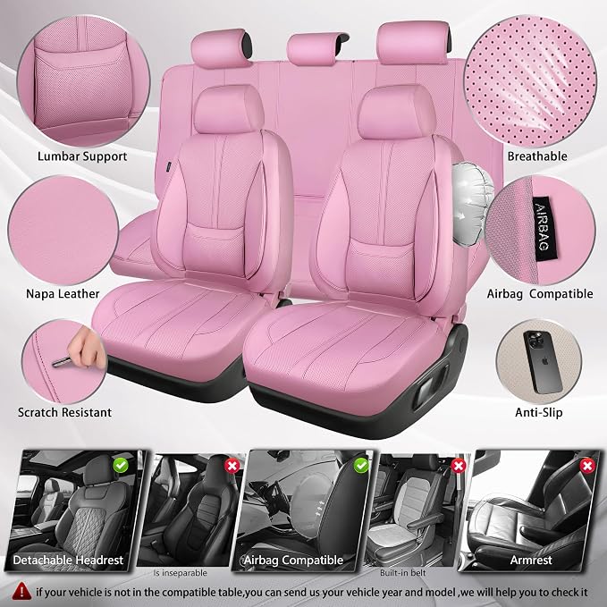 CAR PASS Pink Leather Seat Covers Full Set, Water Resistant 3D Foam Faux Leather Seat Cover, Luxury Comfort Automotive 5 Seat Covers Cute for Women Girly, Universal Fit SUV, Vans, Trucks, All Pink - Image 3