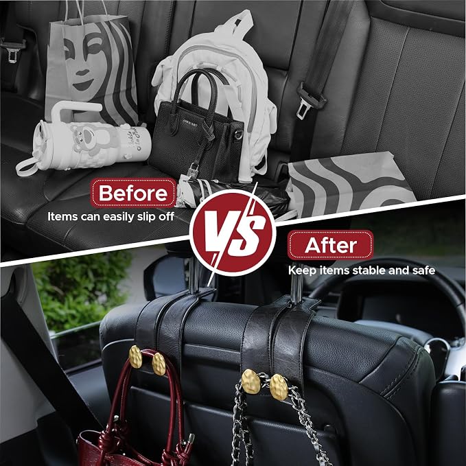 Leather Car Purse Hook for Headrest, 4 Pack (Black-Gold) | Twin Hooks Headrest Hangers, 2/4 Pack, No-Slip, Scratch-Proof, Holds Purses, Backpacks, Grocery Bags, Car Organizer Gift - Image 5