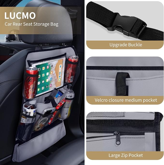LUCMO Car Backseat Organizer with Touch Screen Tablet Holder, Grey | 2 Pcs,9 Storage Pockets,Clear Tablet Holder,Protectors Kick Mats,Travel Accessories,Seat Cover,Road Trip Essentials - Image 2