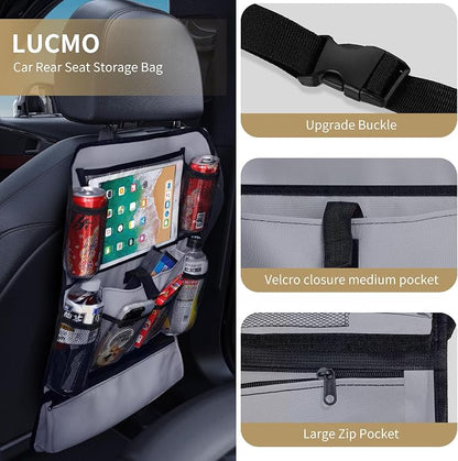 LUCMO Car Backseat Organizer with Touch Screen Tablet Holder, Grey | 2 Pcs,9 Storage Pockets,Clear Tablet Holder,Protectors Kick Mats,Travel Accessories,Seat Cover,Road Trip Essentials - Image 2
