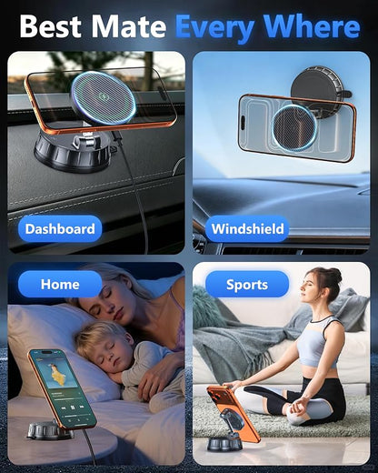 15W MagSafe Car Charger Mount, Magnetic Wireless Car Phone Holder with Dual Input Port, Vacuum Suction & Nano Adhesive Base, 360° Rotation Stable Car Charging Stand for iPhone 12-17, Samsung S26 - Image 7
