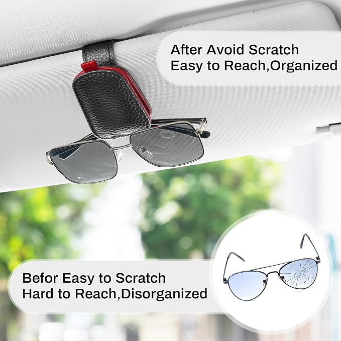 SINGARO Sunglasses Holder for Car, Leather Magnetic Buckle Sun Visor Sunglass Clip, Ticket Card Storage Glasses Clip, Car Interior Accessories for Men and Women（2PCS Black-red） - Image 6