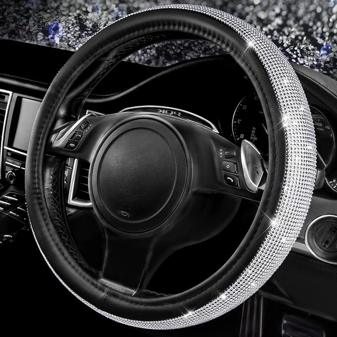 CAR PASS Bling Silver Diamond Leather Steering Wheel Cover, with Sparkly Crystal Glitter Rhinestone Universal Fit 13" 1/2-14" Small Car Wheel Protector for Women Girl Fit Car,SUV,Van,Sedan, Silver by CARPASS