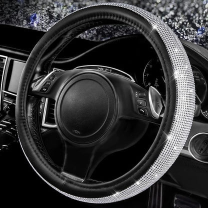 CAR PASS Bling Silver Diamond Leather Steering Wheel Cover, with Sparkly Crystal Glitter Rhinestone Universal Fit 13" 1/2-14" Small Car Wheel Protector for Women Girl Fit Car,SUV,Van,Sedan, Silver by CARPASS
