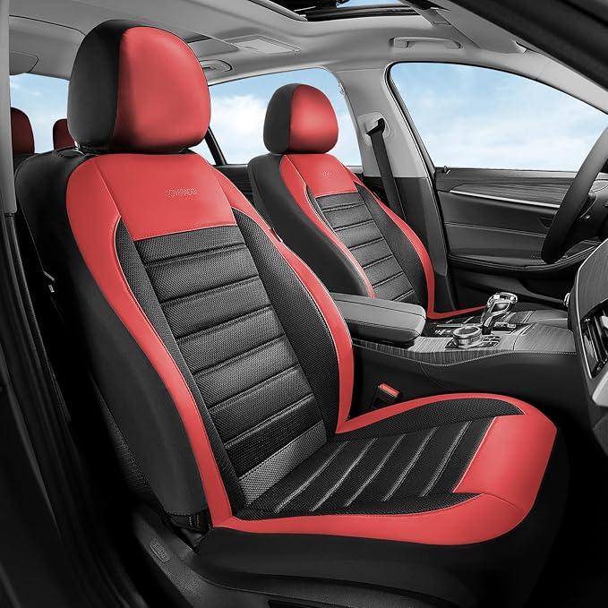 Coverado Car Seat Covers Front Seats, Luxury Leather Car Seat Covers, Automotive Mesh Seat Covers 2 Pack, Airbag-Compatible, Black Red Seat Covers for SUV Sedan Truck by COVERADOAUTO