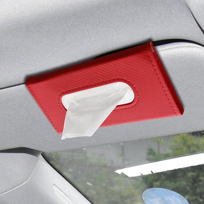 Car Visor Tissue Holder, Tissue Box Holder for Car, Leather Auto Sun Visor Napkin Case Mask Dispenser, Automotive Accessories Rectangular Hanging Auto Napkin Box Fit for Most Vehicles (Red) by Unknown