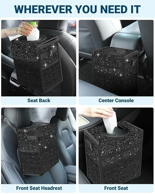 Capolo Car Trash Can with Lid, Leakproof Car Garbage Can Car Trash Bag | Waterproof Trash Can for Car, 3 Mesh Pockets, Mini Hanging Vehicle Car Trash Bin, for Back/Front Seat (Sparkly Black,2.5 Gal) - Image 6