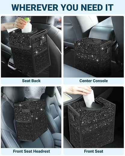 Capolo Car Trash Can with Lid, Leakproof Car Garbage Can Car Trash Bag | Waterproof Trash Can for Car, 3 Mesh Pockets, Mini Hanging Vehicle Car Trash Bin, for Back/Front Seat (Sparkly Black,2.5 Gal) - Image 6