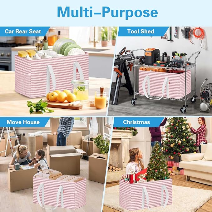 LHZK Standing Extra Large Utility Tote Bag with Metal Wire Frame and the Sides Rinforced, Extra Large Tote Bag with Handle, Reusable Grocery Bags Foldable, Beach Bag, Car Tote (Pink) | Metal Wire Frame - Image 9