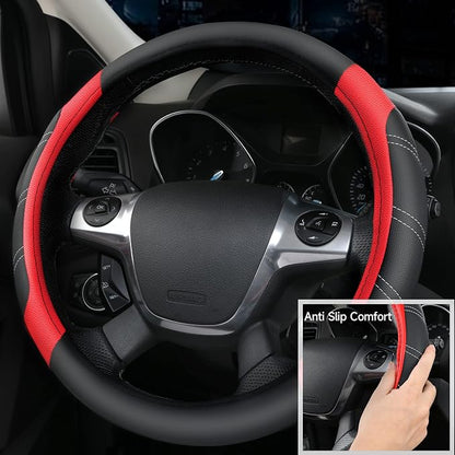 CAR PASS Leather Steering Wheel Cover and Waterproof Car Floor Mats,Microfiber Universal Car Combo Fit for 95% Sedan,SUV,Cars,14.5-15inch Sporty Anti-Slip Safety Comfortable Design(Black＆Red) - Image 6
