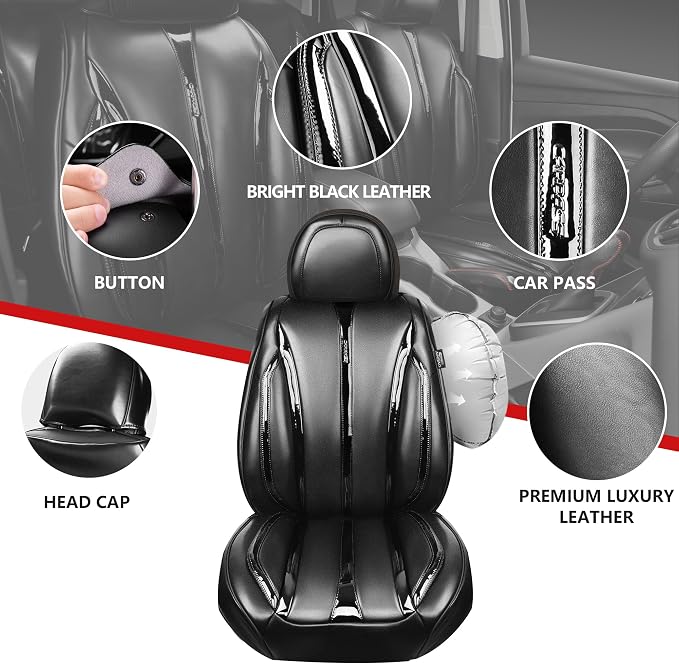 CAR PASS Ultra+ Nappa Patent Leather Car Seat Covers Full Set Universal Cushioned,Soft Breathable Waterproof Anti-Slip Driver Seats Backrest for SUV Pick-up Truck Sedan,5 Seats Aether Lustre All Black - Image 4