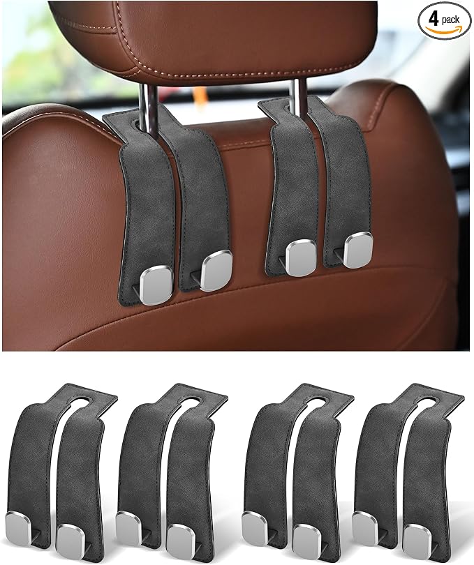 Headrest Hooks for Car, 4 Pack Car Seat Back Organizer Storage Hook, Double Hook Car Seat Hooks for Hanger Purses and Bags, Leather Purse Holder for Car, Grey by LQLAN