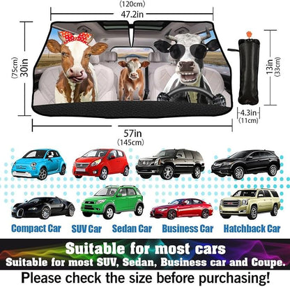 Funny Cow Car Windshield Sunshade Umbrella Cow Driver Sun Shade Umbrella for Car Foldable Windshield Umbrella Block UV Rays Heat Keep Vehicle Cool for Cars SUV 57"x30" - Image 3