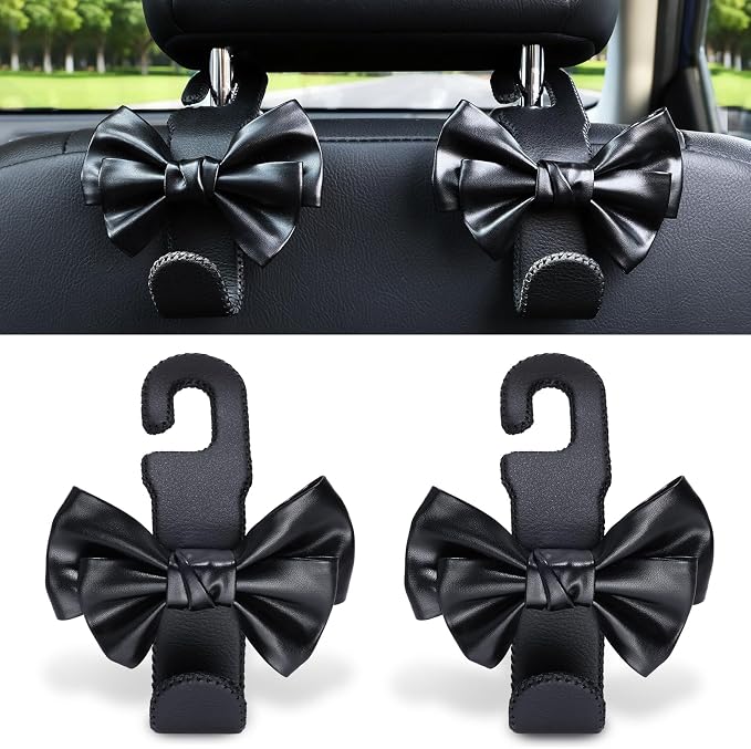 Car Seat Headrest Hooks, Leather Cute Bow Vehicle Hooks for Purses and Bags, Automotive Purse Hook Hanger Interior Decoration Accessories, Universal for SUV, Sedan, Truck (Black, 2 Pack) by LANVRION