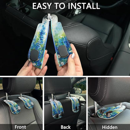 Blusabaca 2PCS Car Seat Headrest Hooks, Purses Bags Holder, Floral Blue | PU Leather, Double Metal Back Storage Hangers for Grocery Bags Handbags Bottles Coats Phones, Car Accessories Organization - Image 6