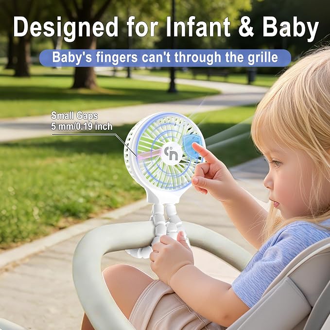 WiHoo Portable Stroller Fan, 11H Ultra-long Battery Life 3 Speed 360°Rotate, USB Rechargeable or Battery Operated Cooling Clip On Personal Fan for Baby Crib Travel Car Seat White - Image 3
