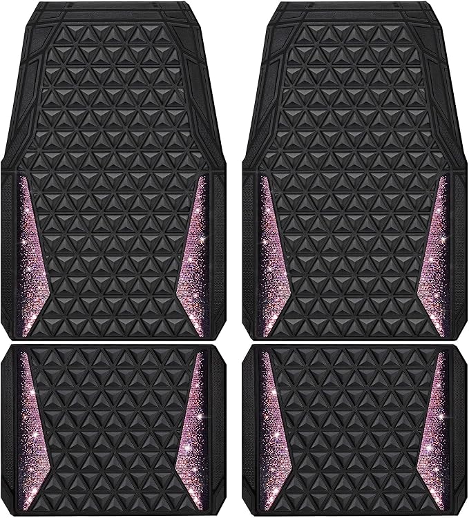 CAR PASS Bling Rubber Car Mats Diamond Floor Mats Full Set Anti-Slip 3D Rhombus Waterproof Universal Trim to Fit Liner Glitter Crystal Sparkly Shining Rhinestone Girl Women SUV Sedan Van, Black Pink - Image 9